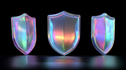 3d glass holographic shield frame with tick sign front, side and angle view. Isolated protect, guard and safety symbol render icon set. Crystal iridescent gradient security outline Stock Illustration