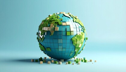 The process of green and blue squares coming together to form the shape of the Earth