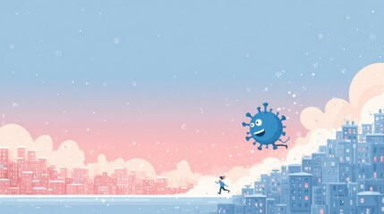 Cold Virus Chases Human Figure Through Colorful Cityscape During Sunset