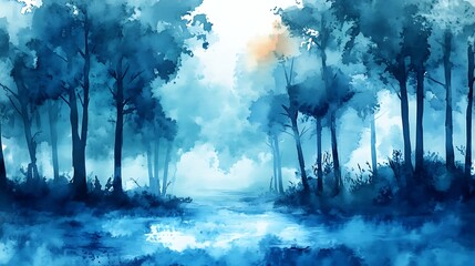 Misty forest watercolor painting