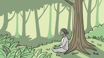 Woman meditation in nature forest trees peaceful mindfulness relaxation zen spiritual wellness cartoon illustration