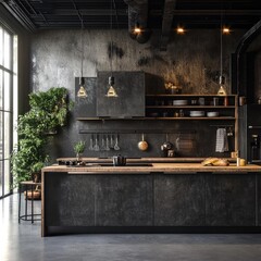 Industrial-chic kitchen with dark cabinetry, wood countertops, and exposed brick.  A large plant adds a touch of nature