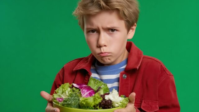 Aversion to Greens: A young individual, looking displeased, reluctantly holds a bowl of colorful salad. Capturing the sentiment of a child's distaste for vegetables. 