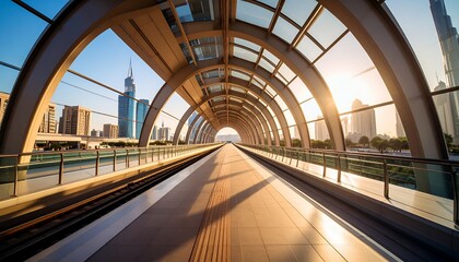 Modern Train Station Platform with City Skyline View.