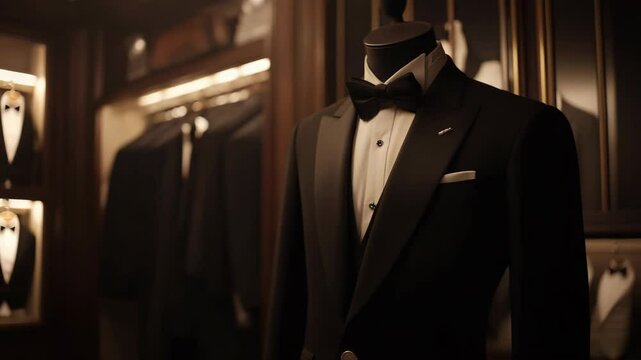 Classic black tuxedo with bow tie on mannequin in upscale boutique, warm lighting, showcasing formal menswear fashion and luxury style