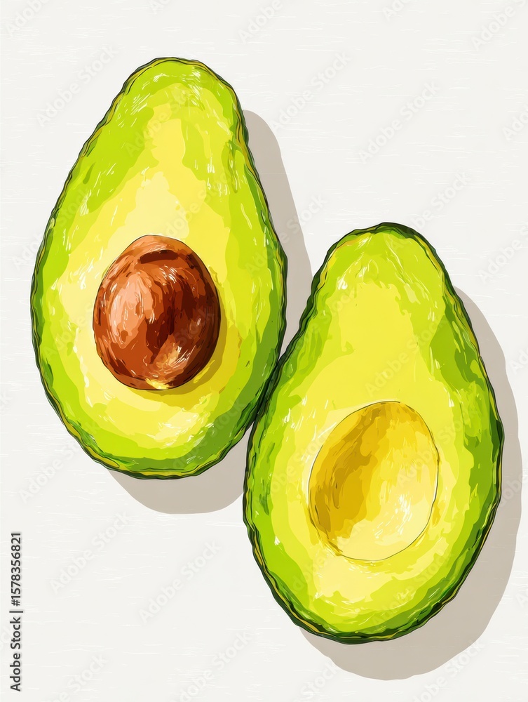 Poster fresh avocado halves displayed with minimal overlay on a clean background, emphasizing their vibrant