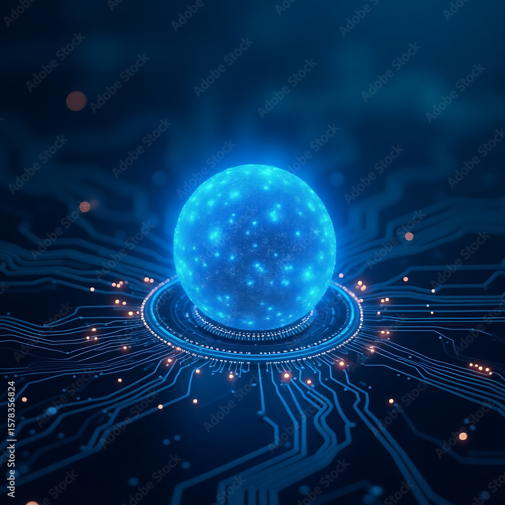 Poster digital blueprint: captivating rendering of a luminous blue sphere encased in intricate circuits, re