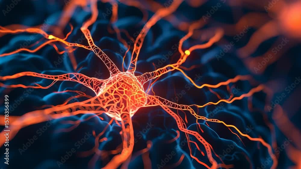 Aufkleber a glowing neuron with branching dendrites is displayed in a colorful, abstract digital illustration.