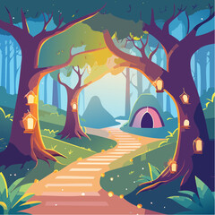 Magical forest path leading to glowing grotto