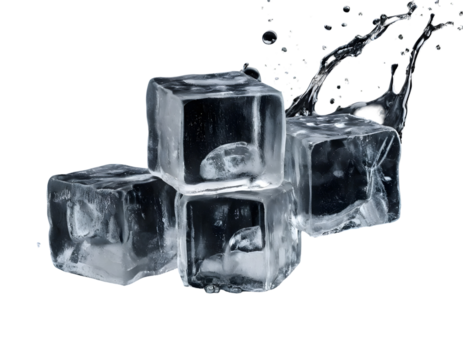 Transparent Ice Cube Still Life with Splashing Water isolated on transparent background