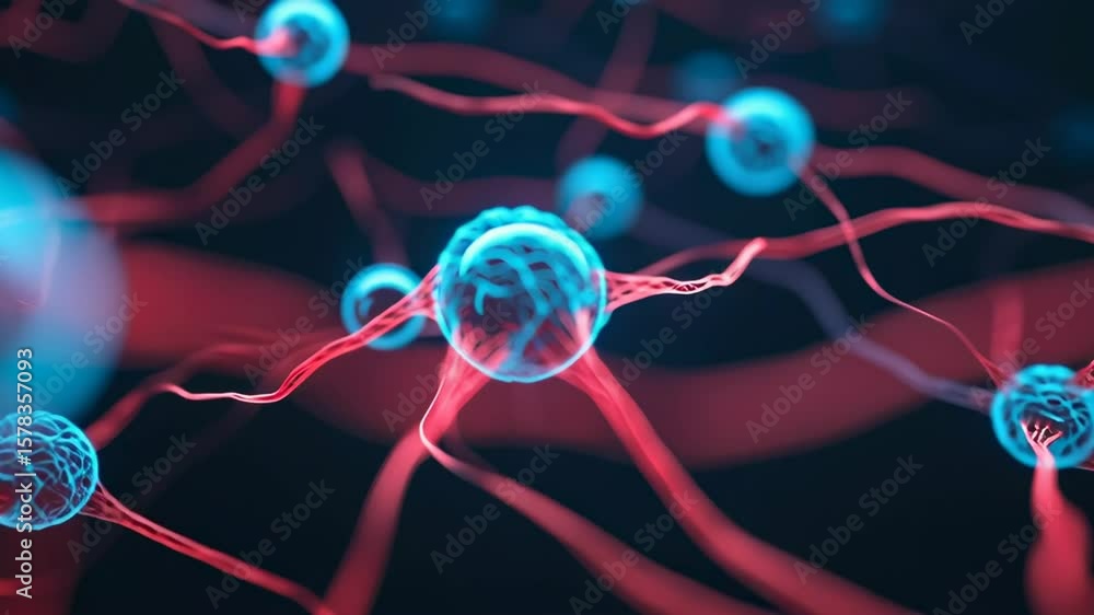 Poster a digital illustration of a neuron cell with dendrites and axons, highlighted in vibrant blue and pi