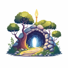 Magical forest path leading to glowing grotto