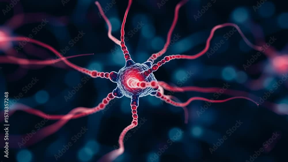 Poster a close-up digital illustration of a neuron cell with glowing dendrites extending outward in a dark,