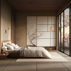 Serene bedroom with minimalist design, featuring a large bed, sliding doors, and nature-inspired wall art