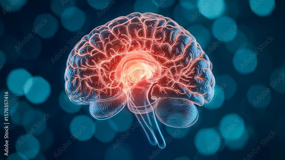 Poster a glowing digital rendering of a human brain with highlighted neural networks, set against a blurry 