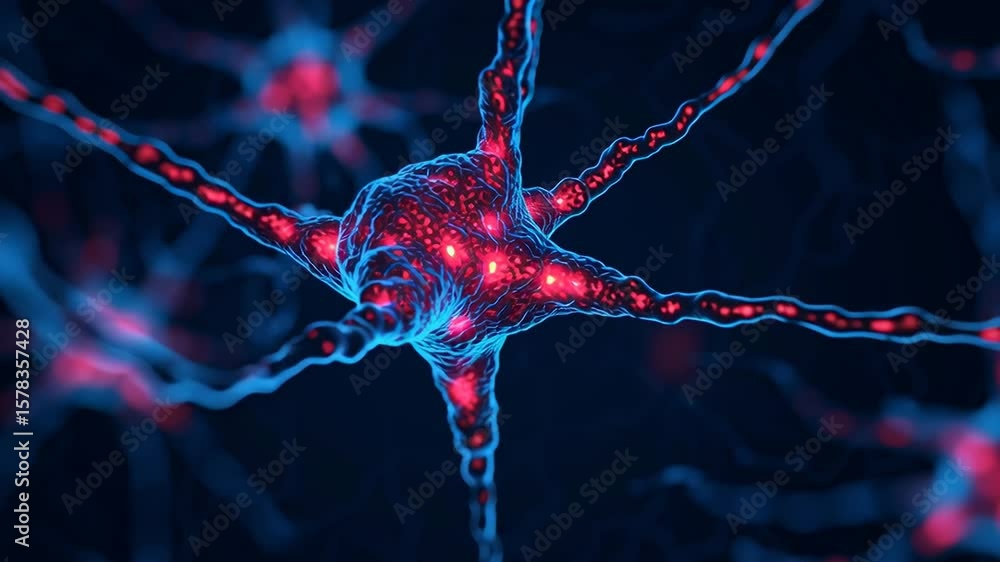 Poster a close-up digital illustration of a glowing neuron cell with highlighted synapses on a dark backgro