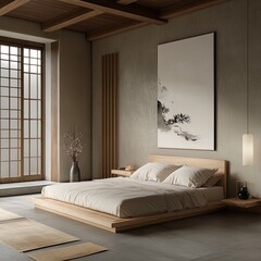 Serene minimalist bedroom with wooden platform bed, shoji screens, and calming neutral tones (1)