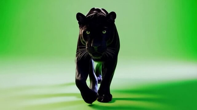 Black panther walking towards the viewer on a green background with a focused and intense expression green screen animal video