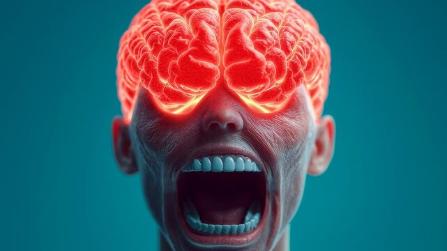 A surreal human face screams with glowing red brains covering its eyes, set against a blue background.