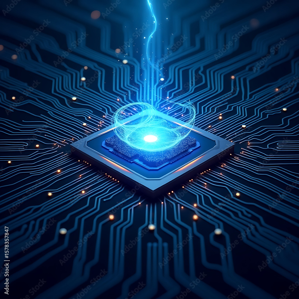 Aufkleber electrified data: a high-tech, futuristic computer chip pulsates with data, visualized with bright b