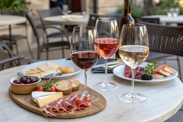 Table with a variety of food and wine