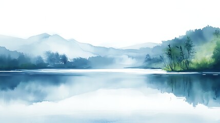 Misty lake and mountain watercolor landscape