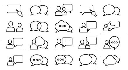 Communication icons symbolize dialogue and discussion. Speech bubbles, talk, conversation, messages, signs.