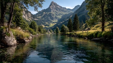 Kristallklarer Bergfluss mit Alpenpanorama in unber&uuml;hrter Natur
