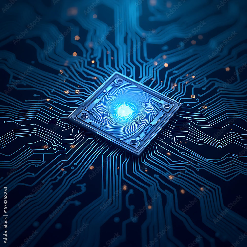 Aufkleber cybernetic core: a close-up image of a futuristic central processing unit, radiating with a cerulean