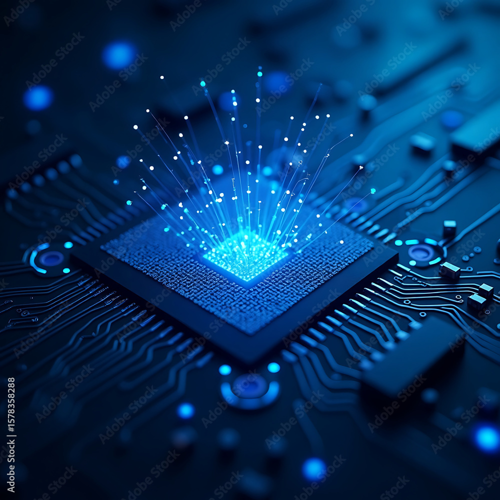 Poster advanced microchip: captivating close-up of a sophisticated microchip, illuminated by vibrant blue l