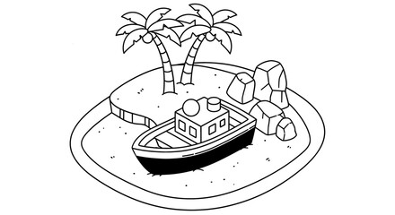 Fototapeta premium Small island has palm trees, rocks, and a docked boat. Tropical getaway, cartoon island, vacation, escape, adventure