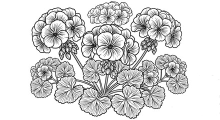 Drawing of geranium plant with blossoms and leaves. Botanical illustration, floral design, decorative, nature, pattern, ornament