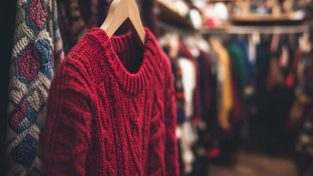 Red knitted sweater hanging on a wooden hanger, photographed in a cozy clothing shop with blurred garments in the background, concept of fashion