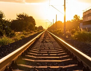 Empty railway tracks stretching into sunset horizon, warm golden light, calm mood