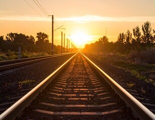 Fototapeta premium Empty railway tracks stretching into sunset horizon, warm golden light, calm mood