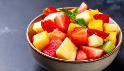Colorful fruit pieces in a bowl, sharply contrasted against a clean, moody dark background for a fresh and modern look
