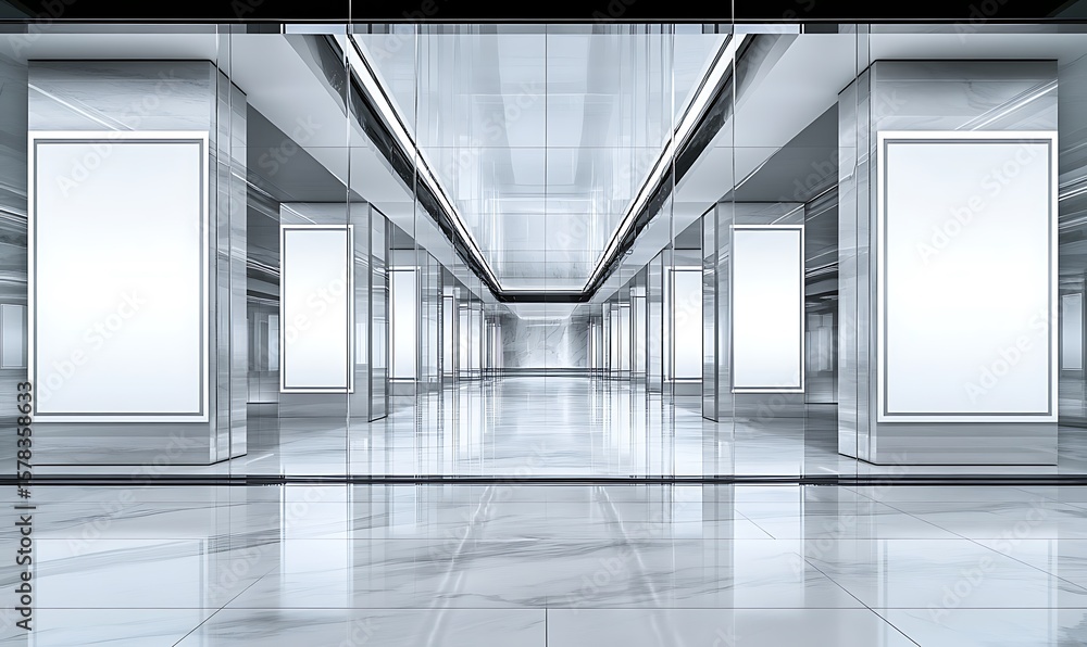 Poster an empty modern hallway with blank displays and a reflective surface