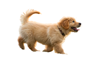 Golden retriever puppy walking cute happy dog pet animal canine breed adorable domestic friend family  isolated on transparent background