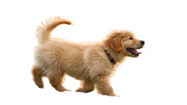 Golden retriever puppy walking cute happy dog pet animal canine breed adorable domestic friend family  isolated on transparent background