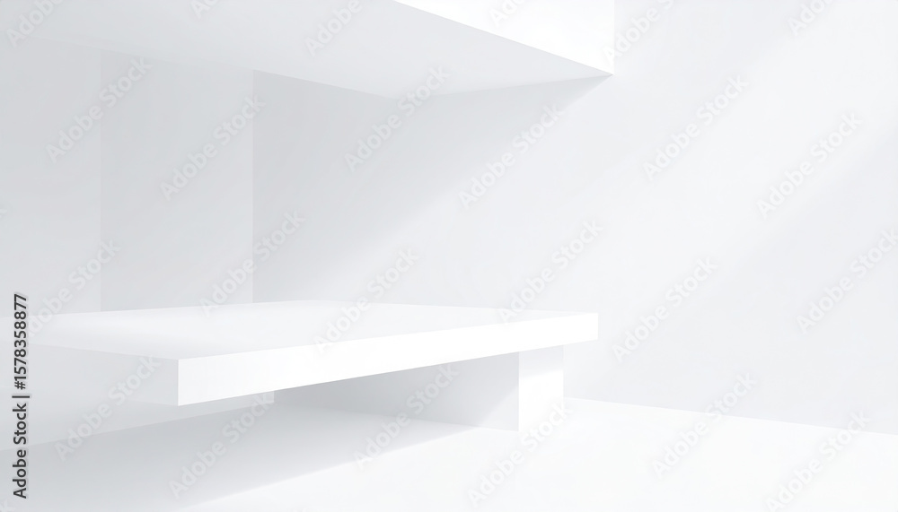 Poster minimalist white geometric interior with empty floating platform and soft light
