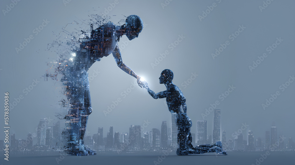 Poster a futuristic connection between a human and an ai robot symbolizing technology, innovation, and coll