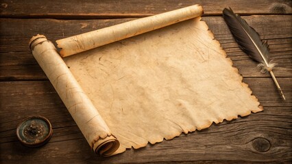 Antique scroll and quill on rustic wooden table
