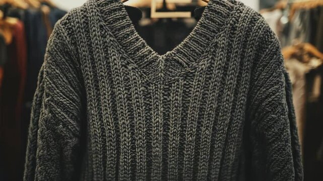 Thick woolen sweater with ribbed texture and V-neck, photographed in close-up view hanging on a rack in a cozy retail clothing store setting