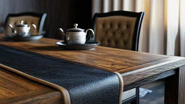 Elegant leather table runner enhancing rustic wooden table setting