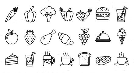 Food icons collection with various meal and drink options. Restaurant menu, cooking, diet, nutrition, gastronomy.