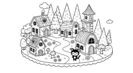 Whimsical village illustration with cute cat character. Fairy tale fantasy, charming cartoon illustration