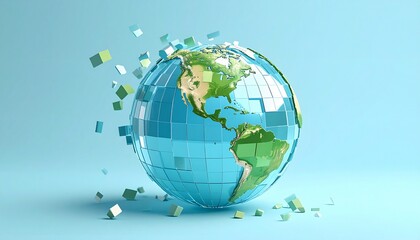 A blue and green translucent pixel globe on a background, with pieces flying around it