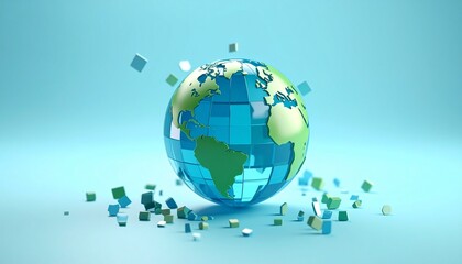 A blue and green translucent pixel globe on a background, with pieces flying around it