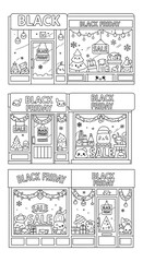 Cute kawaii characters in black friday sale storefronts isolated on transparent background