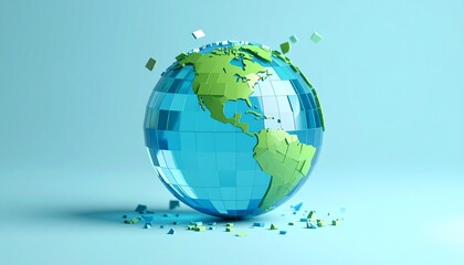 A blue and green translucent pixel globe on a background, with pieces flying around it